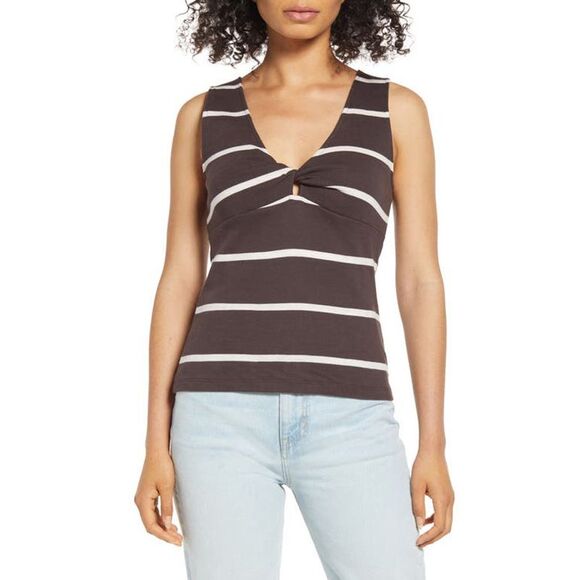 Sanctuary Striped Twist Front Tank Top In Chocolate - L - Picture 2 of 3